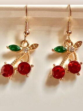 Gold Cherry Drop Earrings with Red and Green Crystal Accents